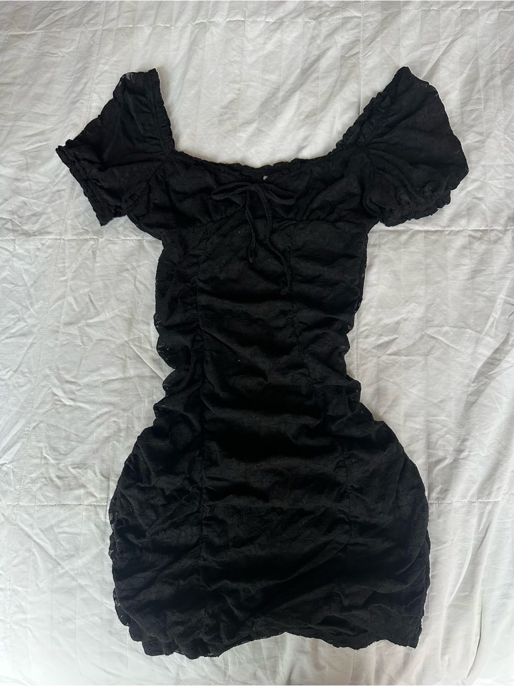 H&M Gathered Broderie Anglaise Black Lace Ruched Mini Dress